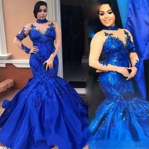 Royal Blue Mermaid Prom Dresses Plus Size High Neck Nude Mesh Long Sleeves Lace Applique Evening Gowns Satin Sequined Arabic Party Dress