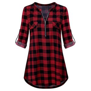 Mode Kvinnors Zip Plaid V Neck Långärmad Casual Shirt Blouse Top 40 #