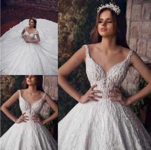 Saudi Arabic Luxury Wedding Dresses 2019 Sparkle Sequins Beads Lace Bridal Gowns Sweep Train Plus Size A Line Chapel Wedding Dress282E