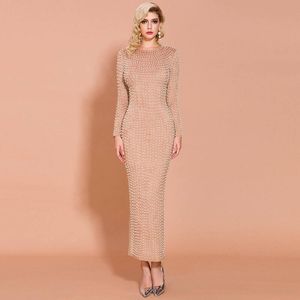 New spring 2020 dress Evening dress Yousef aljasmi Bodycon Dresses Crew Neck Mid-Calf Long Sleeve Pearl