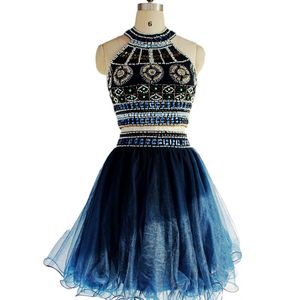 Navy Short Prom Dresses Two Pieces Dresses Beaded Graduation Party Dresses Custom Made Homecoming Gowns HY00726