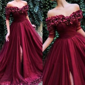 New Sexy Prom Dresses Bury Hand Made Flowers 1/2 Sleeve Backless Tulle Plus Size Split Sweep Train Party Dress Evening Gowns