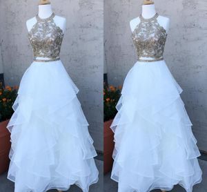2 Pieces Prom Dresses 2019 Ruffles Gold Lace Applique Beaded Crystal High Neck Hollow Back Evening Gowns Elegant Formal Dress Graduation