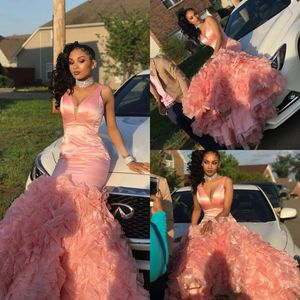 Gorgeous Mermaid Prom Dresses Black Girls Slay Blush Różowy Głęboki V Neck Organza Ruffles Vintage Plus Rozmiar Backless Dresses 2019 Tanie