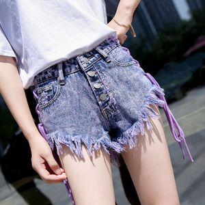 Calças de brim curta personalidade de verão laço denim shorts femininos feminino era fino sexy buraco versão coreana crua de calças