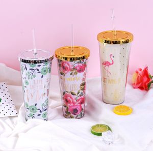 The latest double-layer plastic Drinkware food-grade straw cup with 3 style of peony flower flamingo, supports custom logos and styles