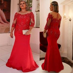 Red 3/4 Long Sleeves Plus Size Special Occasion Dress Beaded Lace Applique Bateau Sheath Evening Gowns Mother Of The Bride Dress SD3448