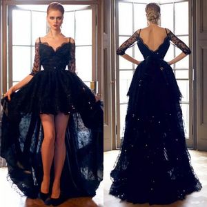 Sexy 2019 High Low Schwarze Ballkleider Off-Schulter-Ausschnitt mit Spaghetti Vordere Kurze Lange Zurück Glänzende Perlen Spitze vestidos de fiesta