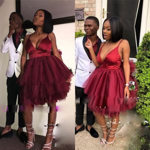Little Cocktail Dresses Burgundy Backless Short Prom Dresses A Line Plus Size Knee Length Ruffles Skirt Formal Homecoming Party Gowns