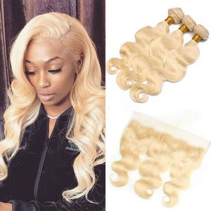 Brazilian Human Hair Extensions 3 Bundles With 13X4 Lace Frontal Body Wave 613 Blonde Color Bundles With 13X4 Frontal Closure Free Part