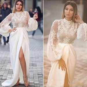 High Collar White 2019 Evening Dresses Mermaid Lace Applique Illusion Long Sleeves Formal Party Gowns Side Split Sexy Prom Dress253b