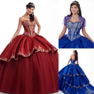 Vermelho Quinceanera Vestidos Escuros Azul Royal Vintage Cetim Querida Decote com Jaqueta de Ouro Renda Applique Frisado Pageant Vestido de Baile Doce