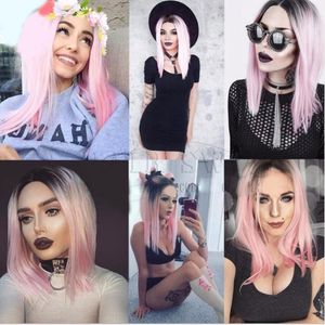 Kleberlose synthetische Perücken Ombre Pink Short Bob Straight Perücke für schwarze Frauen Hitzebeständig FZP154