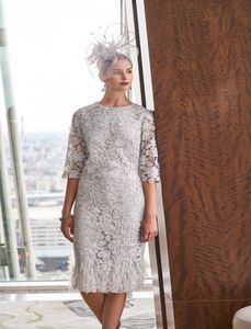 Silver White Mother Of The Bridal Dresses Jewel Neck 1/2 Sleeve Beads Appliques Feathers Lace Prom Dress Knee Length Mothers Dresses