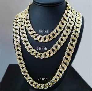 Iced Out Bling Rhinestone Crystal Goldgen Finish Miami Cuban Link Chain Men's Hip hop Necklace Jewelry 20, 24, 30 ,36 Inch