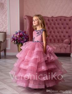 Tiers Perle Flower Girl Dresses Ball Gown Tulle Little Girl Abiti da sposa Abiti da concorso Vintage Abiti