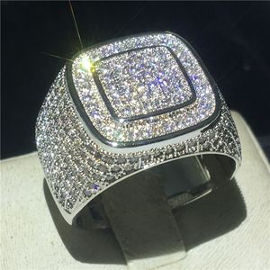 Vecalon luxo grande anel masculino 925 esterlina prata pavimentar 5a cz partido casamento banda anéis para homens rock hiphop jóias