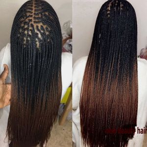 New 32inches long jumbo braided wig full Lace Front Wigs synthetic 'micro Braids Wigs With Baby Hair Ombre brown Wigs For Black Women