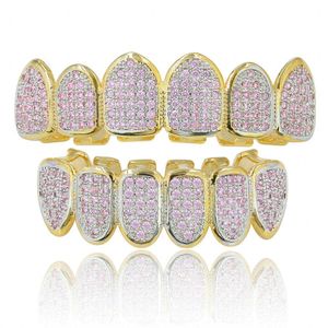 Rock Micro-inlaid Hip Hop Teeth Grillz Pink Zircon Fang Top & Bottom Teeth Grills Set Copper Jewelry