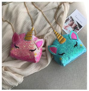 PU Glitter Unicorn Zincir Çanta Mini Çanta Çocuk Karikatür Crossbody Omuz Çantası Kız Fanny Paketi INS Madeni Para Çantalar Cüzdan Torbalar