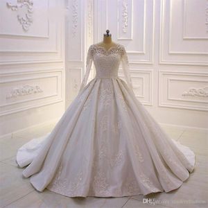 Plus Size New Ball Gown Wedding Dresses Bridal Gowns Lace Applique Beaded Sequined Long Sleeve Button Back Sweep Train Dubai Arabic Custom