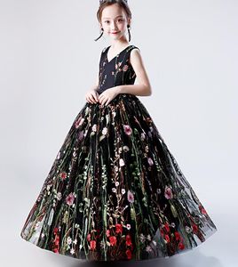 Dzieci Formalne Nosić Kwiat Dziewczyna Puffy Princess Dress Flower Girls Sukienki V-Neck Haft Długie Dziewczyny Korowne Suknie do ukończenia studiów