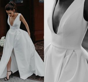 Newest Ball Gown Wedding Dresses Spaghetti Sleeveless Split Satin Wedding Gowns Sweep Train Bridal Gowns