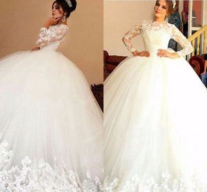 Arabic Muslim Long Sleeves Ball Gown Wedding Dresses Lace Appliqued Plus Size Bridal Gown Puffy Tulle Skirt Long Vestidos De Novia AL3243