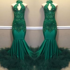 Dark Green Mermaid Prom Dresses Keyhole Neck Koronki Aplikacje Bez Rękawów Suknie Wieczorowe Satynowe Ruffles Tulle Sweep Pociąg Cocktail Party Dress