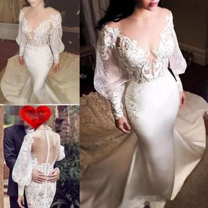 Long Mermaid Dresses Poet Sleeves Lace Applique Satin Chapel Train Sexy Illusion Covered Buttons Back Wedding Gown Custom Made