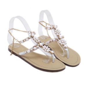 Hot Sale Mulher Sandals Impressionante bling bling Shoes Chains strass Thong Gladiator Plano sandálias de cristal Chaussure Plus Size 46