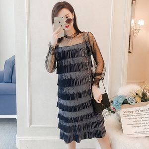 Maternity dresses spring Korean fashion gold velvet cake layer stitching mesh pregnant women dress pregnancy clothes vestidos