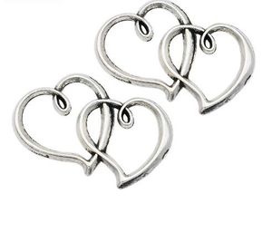 100pcs/lot Antique Silver Plated Vintage Double Hearts Connectors Charms Pendants for Jewelry Making DIY Handmade Craft 23x31mm