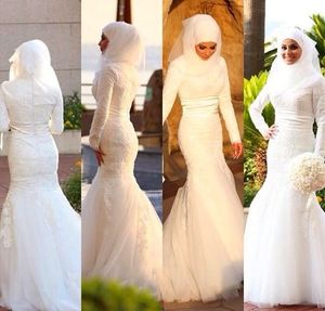 Abito da sposa a sirena musulmana modesto per l'Arabia Saudita Abito da sposa da donna a maniche lunghe con collo alto Abiti da sposa in pizzo con applicazioni