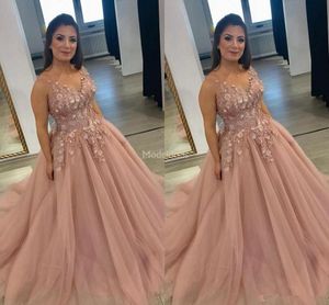 Nya ankomstkvällsklänningar V-Neck Handgjorda Blommor En Linje Tulle Sweep Train Formell Party Prom Klänningar Gorgeous Sepcial Occasion Dresses