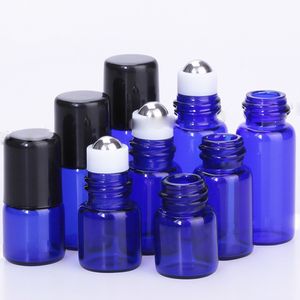 Bottiglie di vetro blu all'ingrosso su bottiglie da 1 ml 2 ml 3 ml 5 ml piccole fiale a rulli essenziali con sfera in acciaio inossidabile SS 3000 pezzi Spedizione gratuita DHL