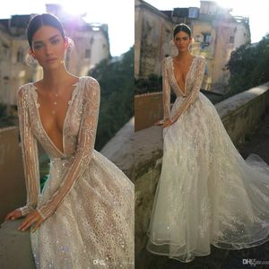 Inbal Dror 2020 Wedding Dress V Neck Sequined Lace Bridal Gowns With Crystals Sweep Train Boho Long Sleeves Wedding Dress Custom Made