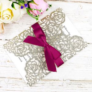 New Arrival Champagne Gold Glitter Laser Cut Invitation Cards With Burgundy Ribbons For Wedding Bridal Shower Engagement Birthday Graduation