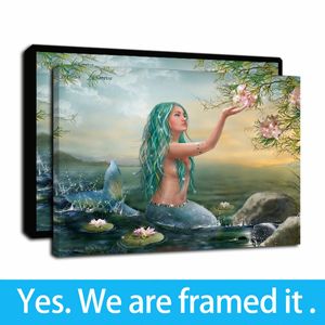 Framed Artwork Mermaid In The Lake Oil Paintings Print on Canvas Wall Art Paintings Picture Poster for Home Decor - Ready To Hang