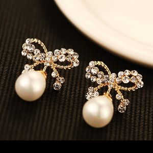 Yeni trendy moda lüks tasarımcı sevimli güzel kristal elmas rhinestone bow İnci saplama küpe kadın için