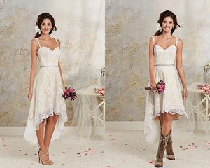 2019 Vintage Spaghetti straps Lace High Low Wedding Dresses beading belt White Ivory Short Beach Bridal Gowns Custom Made Wedding Gowns