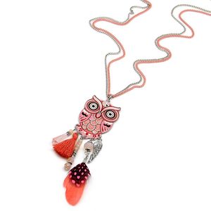 Fashion-Long Chain Multicolor Owl Hängsmycke Halsband med fjäder Crystal Bead Tassels Kvinnor Nya Tillbehör Charm Smycken CE4028