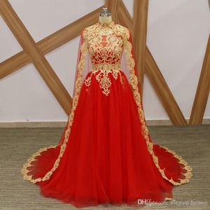 High Neck Muslim Long Sleeves A-Line Evening Dresses With Gold Lace Appliques 2019 Bridal Gowns Modest Long Vestidos De Marriage Formal