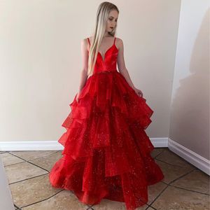 Amazing Red Tiered Prom Dresses Sheer Plunging Neck A Line Beaded Evening Gowns Plus Size Floor Length Tulle Formal Dress 415