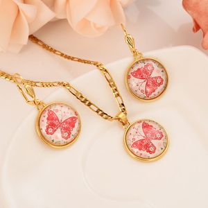 New Dubai India 18 k Solid Fine Gold GF Figaro Link Chain Pendant earrings Pink butterfly Perspective Papua