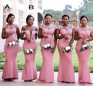 South African Nigeria Pink Mermaid Bridesmaids Dresses Plus Size Sheer Neck Lace Appliques Floor Length Wedding Guest Dress