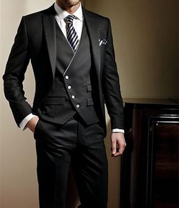 Gentlemen Svarta smoking Fiskbensbröllopskostymer för män i brittisk stil skräddarsydd herrkostym slim fit blazer(jacka+byxa+väst)