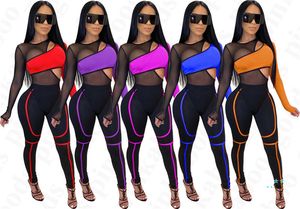 Kvinnor Sexig Se-Thought Tracksuit Summer Gaze Mesh Patchwork Sports Suit Tops Pants 2 Pieces Set Bike Cycling Sportswear Outfits New D4205