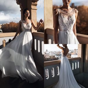 Nora Naviano 2019 Abiti da sposa Sexy scollo a V Appliques Perline Chiffon Abiti da sposa Sweep Train A Line Abito da sposa Robe De Mari￩e