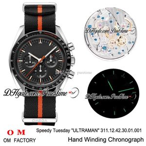 OMF Moonwatch Speedy Tuesday 2 Ultraman Handaufzug Chronograph Herrenuhr, schwarzes Zifferblatt, schwarzes orangefarbenes Nato-Armband, Best Edition, neue Puretime 3
